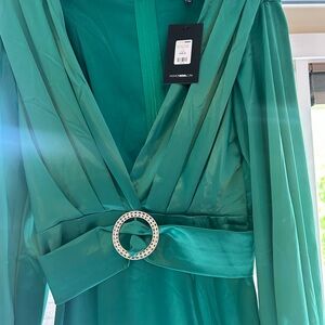 Elegant Teal long  Dress with Rhinestone Buckle